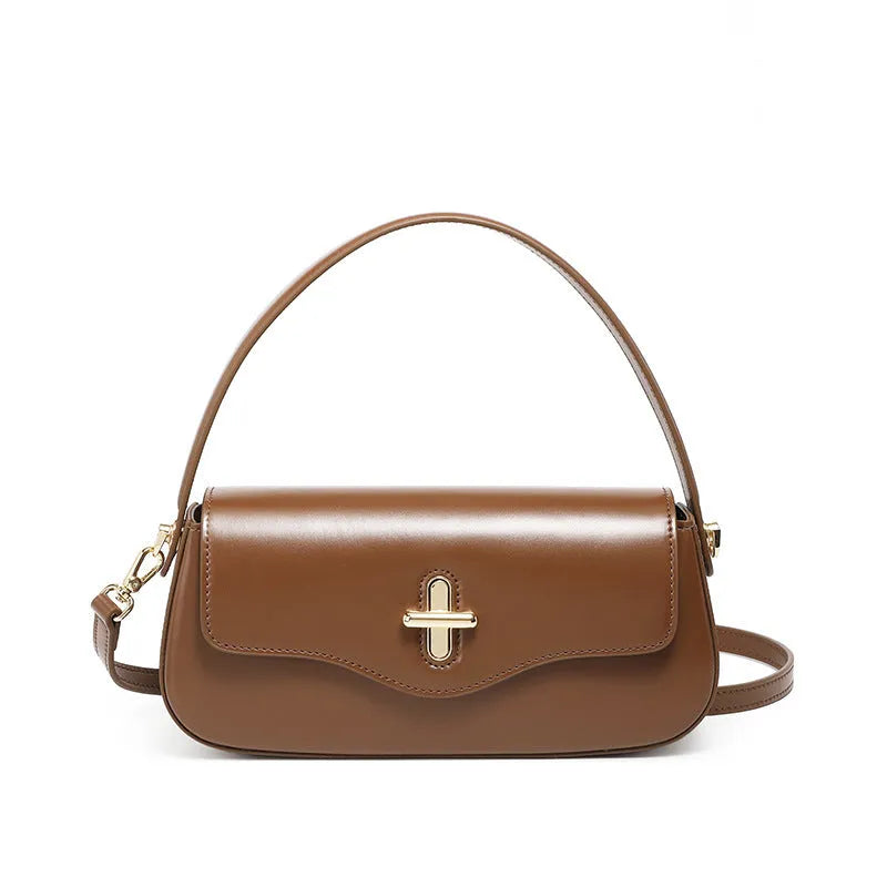 Moon baguette leather handbag in two-layer cowhide, 26 x 5.5 x 13 cm, clamshell shape, black wine red coffee caramel