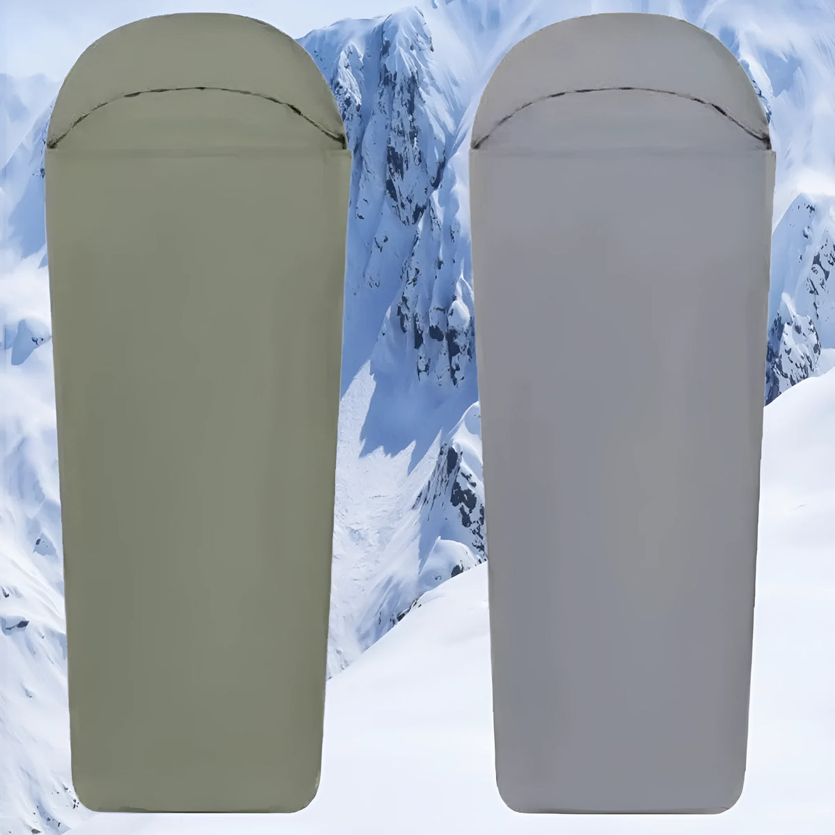 Blue nylon camping sleeping bag with mummy design shown uncompressed to 210cm length