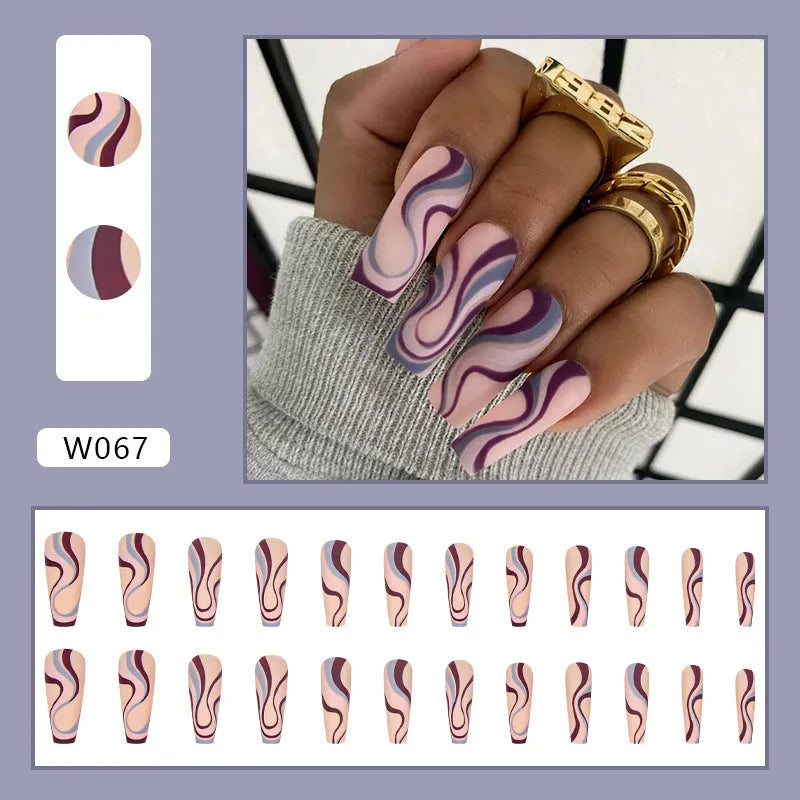 Ballet Wave Line design detachable nail stickers with jelly glue tubes, part of a 24 or 96 piece set.