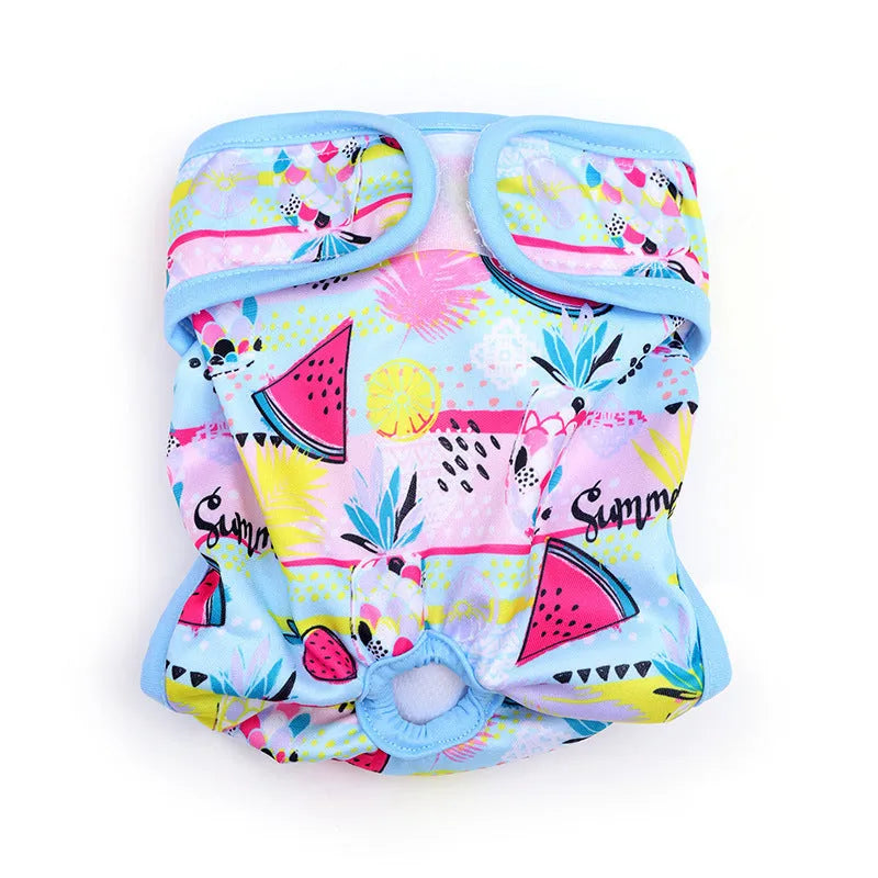 Cloth dog menstrual panties with cartoon print in pink watermelon colour on a light background