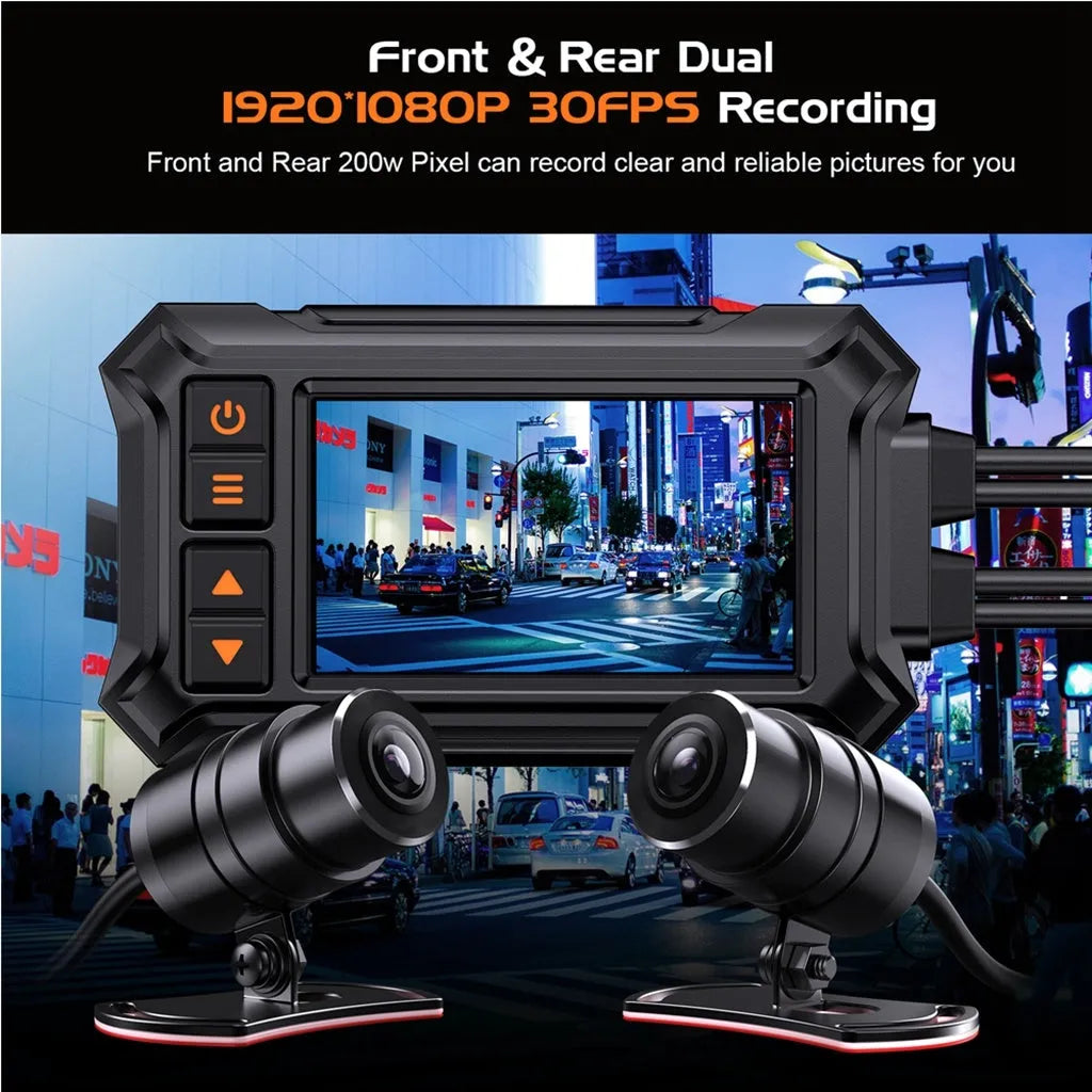Motorcycle dual lens dashcam recorder with GPS module and mounting accessories on a black background.