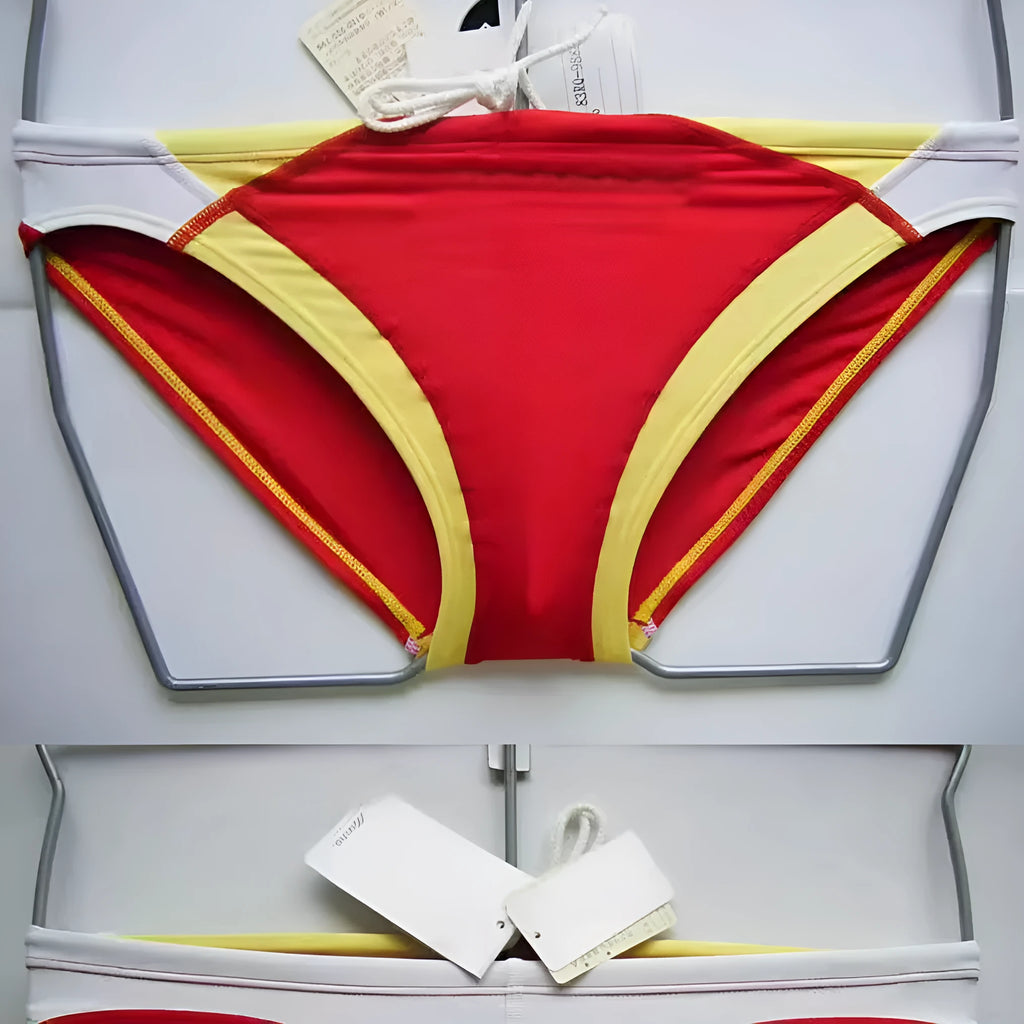 Men's red white and yellow colour matching swim briefs made from nylon and spandex, sizes M to XXXL