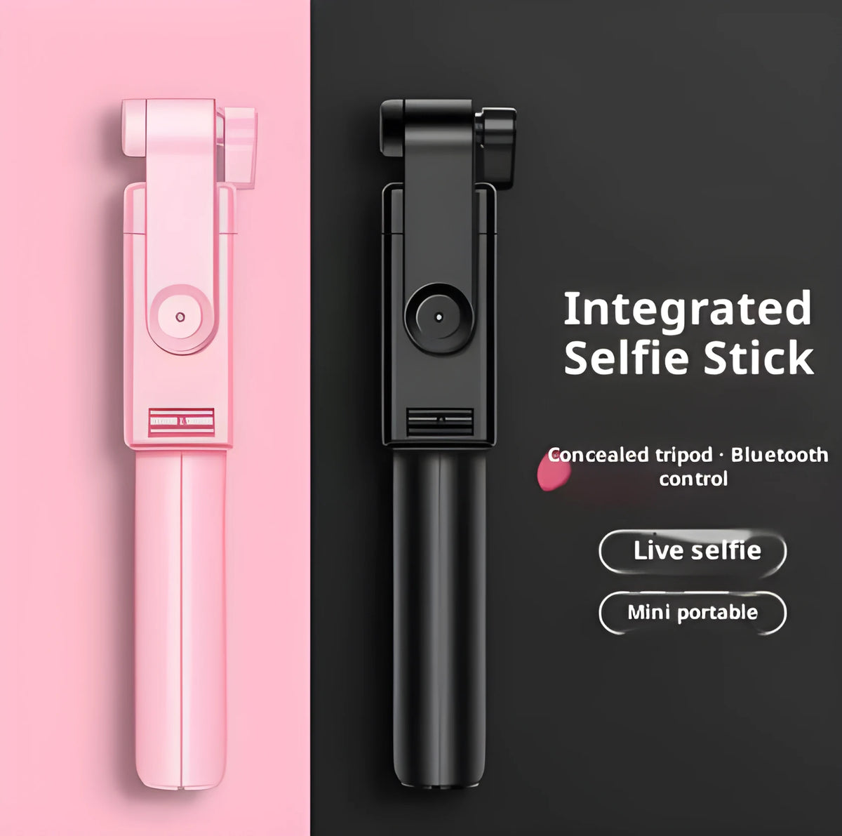 Black Bluetooth selfie stick with retractable tripod, extends to 70cm, ABS body, universal phone holder