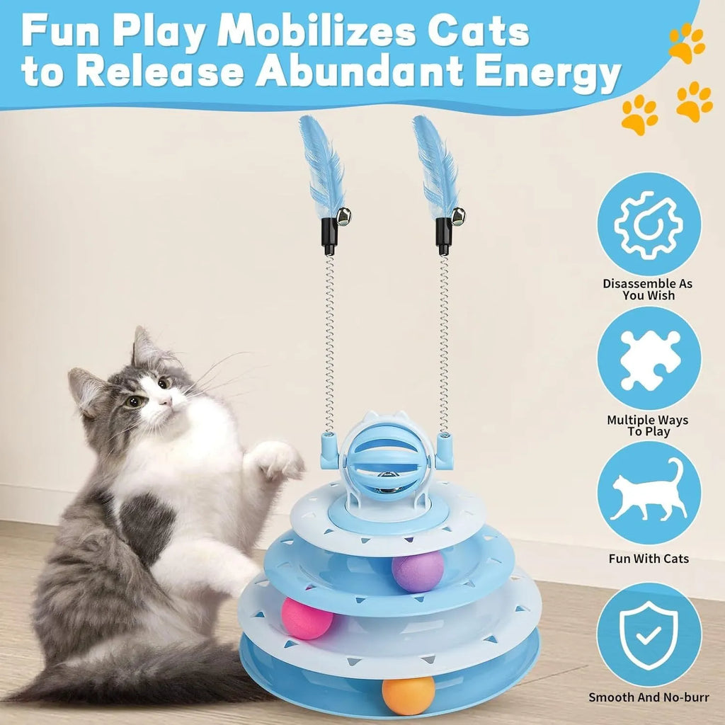 4-tier interactive cat puzzle ball toy with six coloured balls, two teasing rods, and bell on top