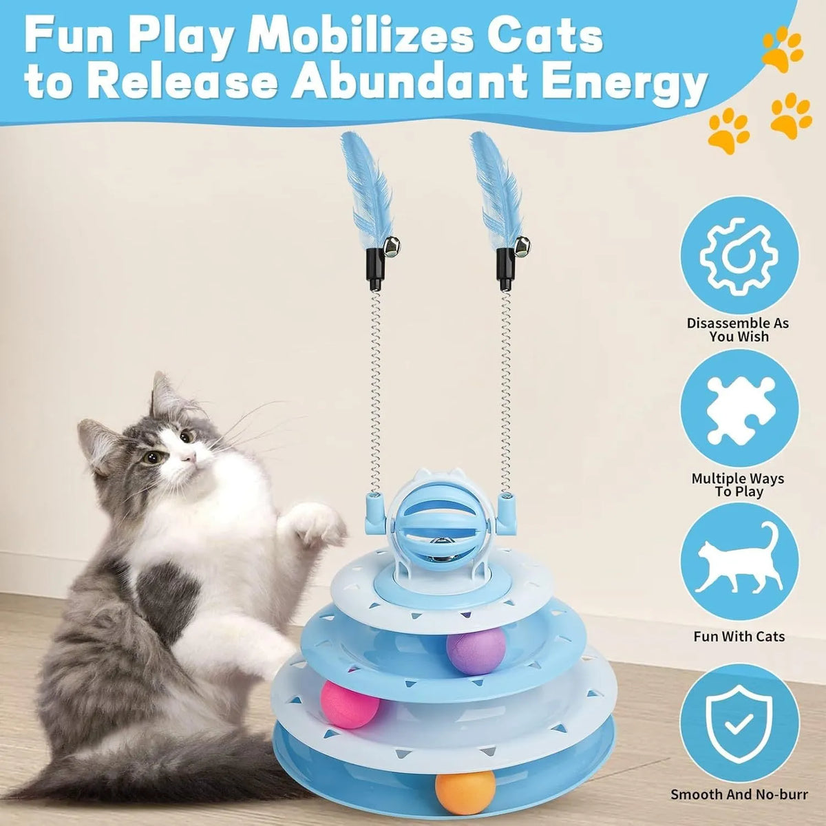 4-tier interactive cat puzzle ball toy with six coloured balls, two teasing rods, and bell on top