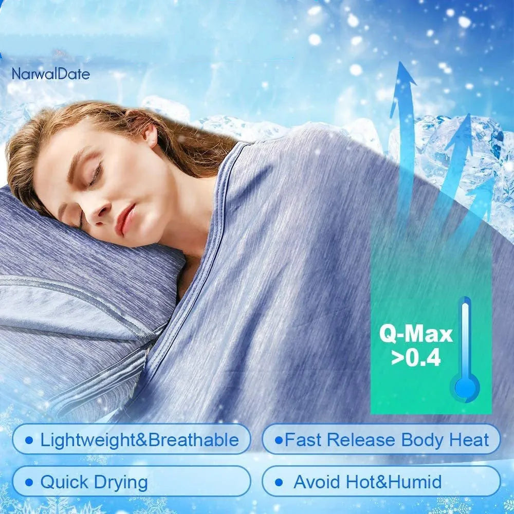 Blue cooling blanket with Japanese Q-Max fibres on a bed.