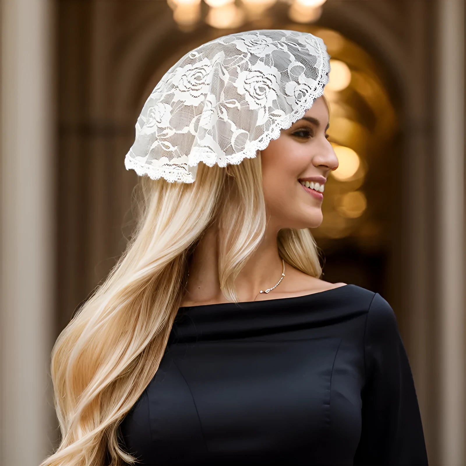 Round white bridal head cover with floral decoration measuring 30cm.
