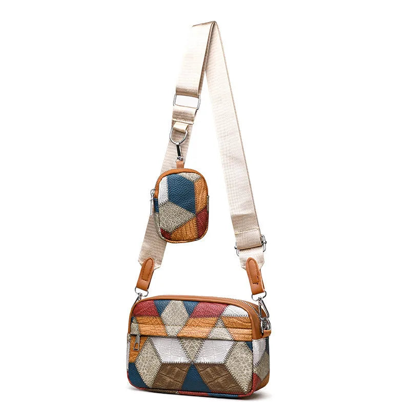 Small square crossbody bag with contrast stitching, PU outer, polyester lining, black or yellow colour matching.