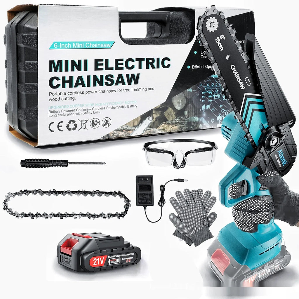 6-inch hand held wireless rechargeable lithium electric chainsaw kit with two batteries and storage box