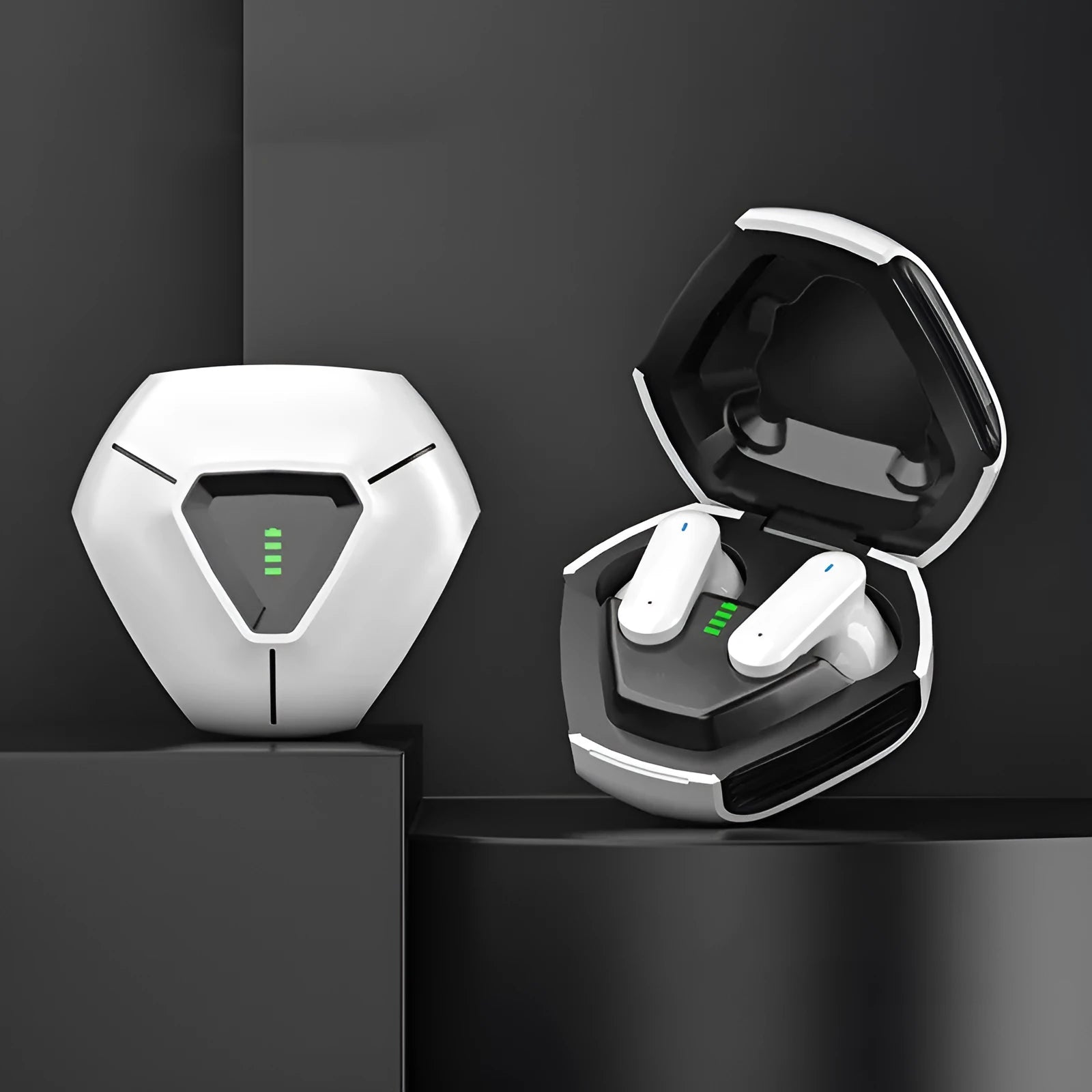 White plastic active noise reduction in-ear Bluetooth headset with touch controls and Type-C charging port