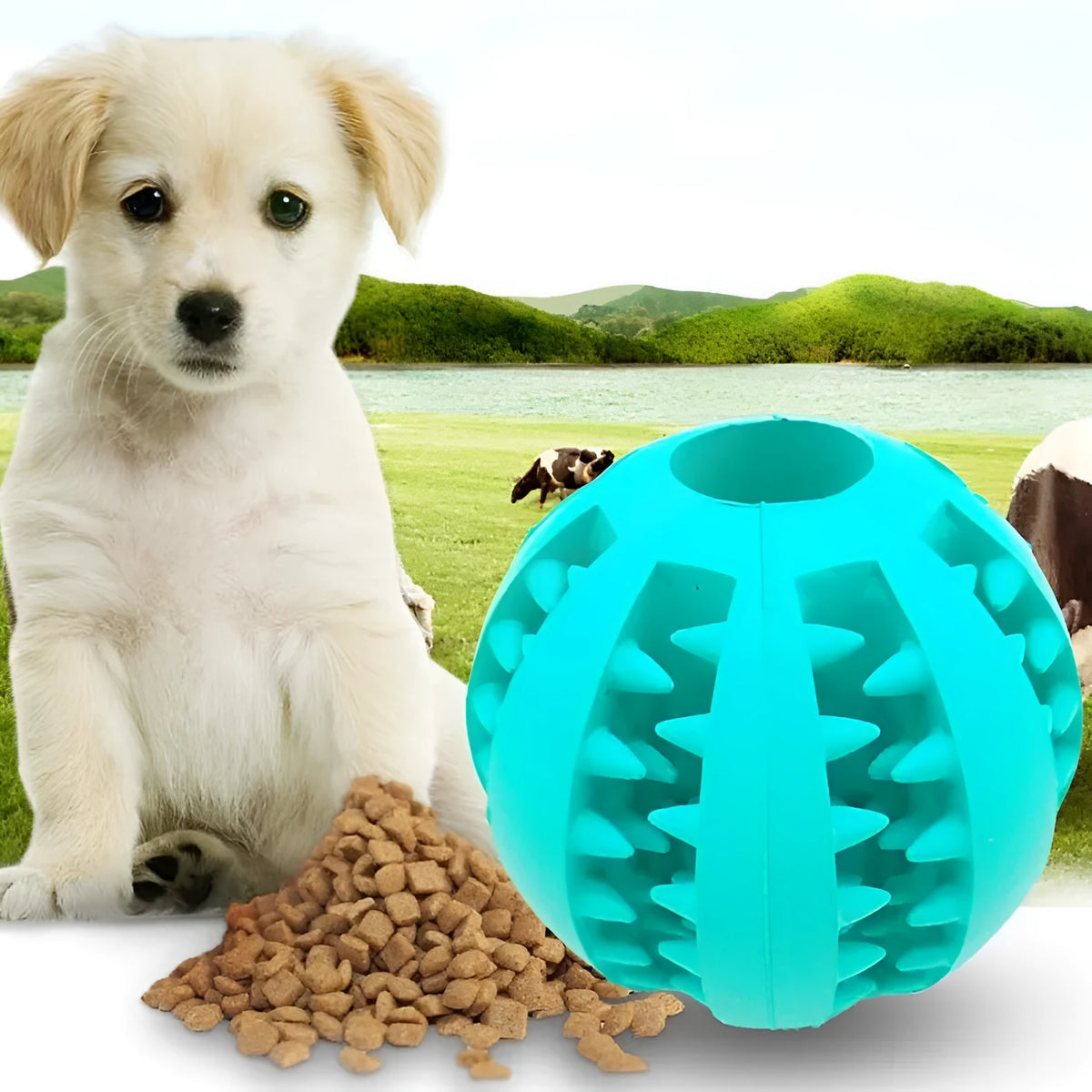 Rubber slow feeder dog ball toy in blue green red orange yellow sky blue, 5cm and 7cm sizes