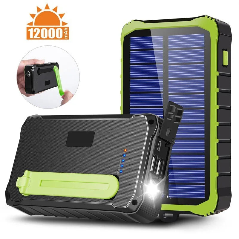 Orange and green hand solar mobile power bank with hand crank and dual USB ports