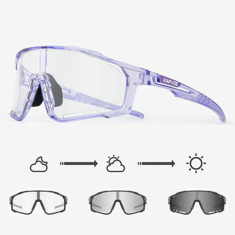 Photochromic cycling sunglasses with semi-rimless TR90 frame on a solid colour background