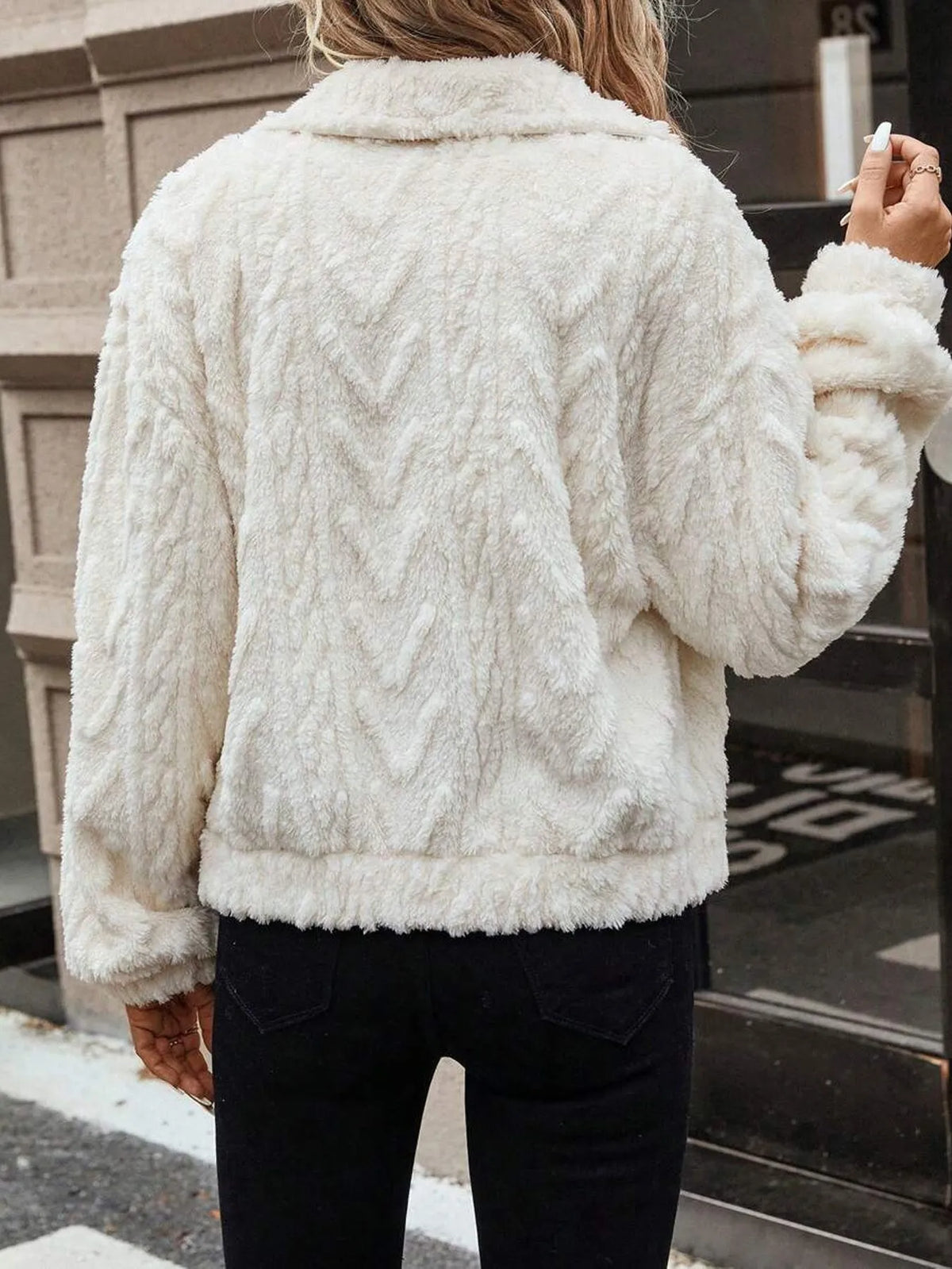 Women's ivory white double-sided plush cardigan with button front and long sleeves