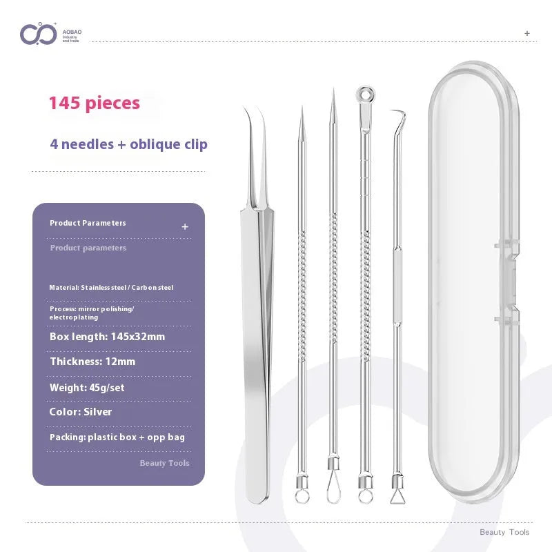 Four metal acne needle tools with pointed tips on a white background.