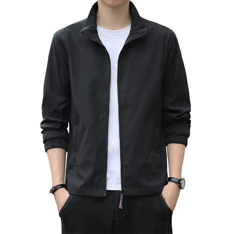 Korean style men's loose lapel casual jacket in polyester blend fabric with zip-up front