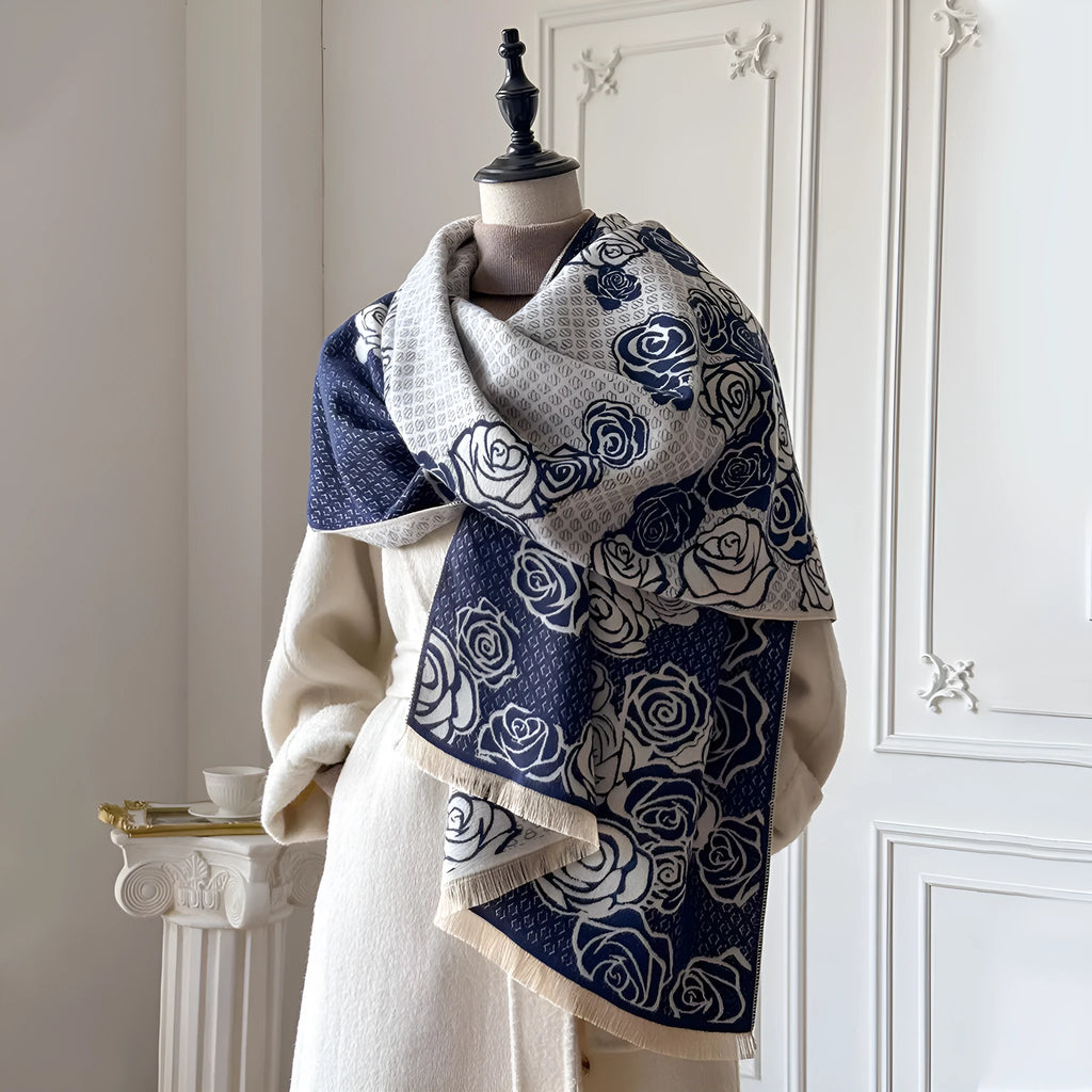 Imitation cashmere scarf with tassel trim in grey, black, blue, or khaki colours measuring 185cm by 65cm