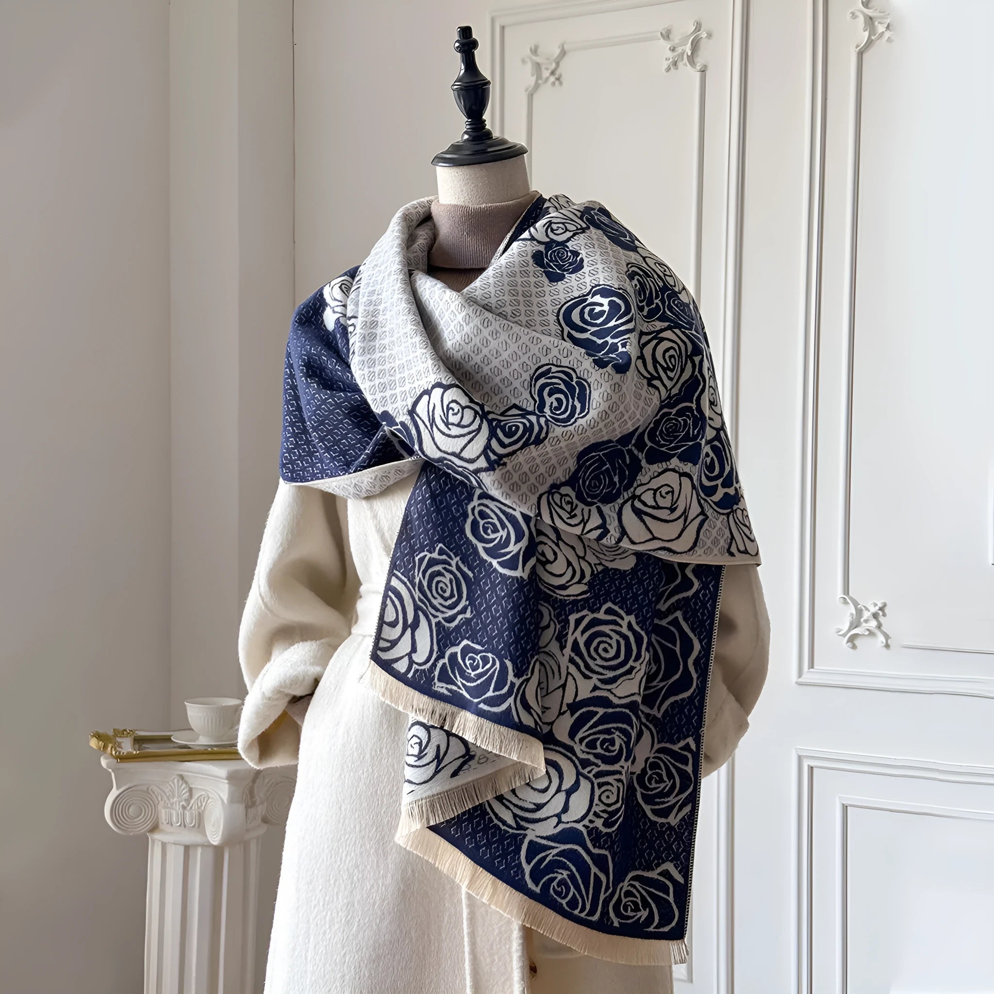 Imitation cashmere scarf with tassel trim in grey, black, blue, or khaki colours measuring 185cm by 65cm
