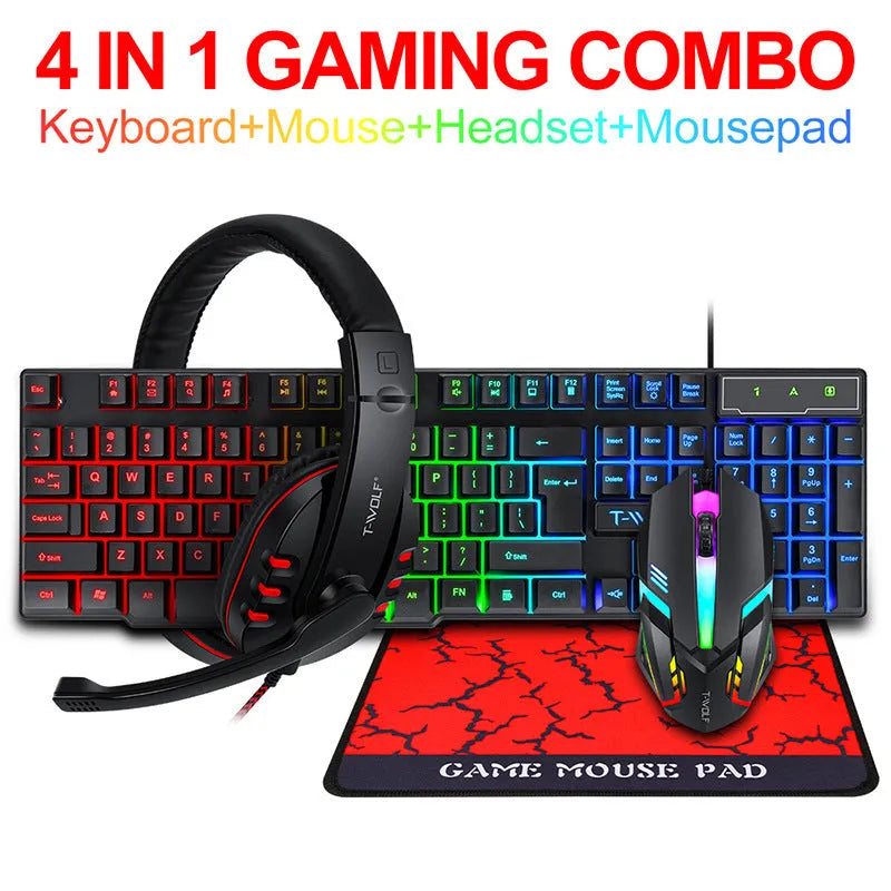 Thunder Wolf gaming keyboard and mouse set with wired USB connections and included mouse pad