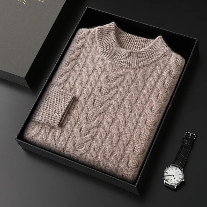 Men's wool sweater with half turtleneck and cable knit in navy blue, beige, or camel, fitted pullover, sizes S-XXXL