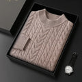 Men's wool sweater with half turtleneck and cable knit in navy blue, beige, or camel, fitted pullover, sizes S-XXXL