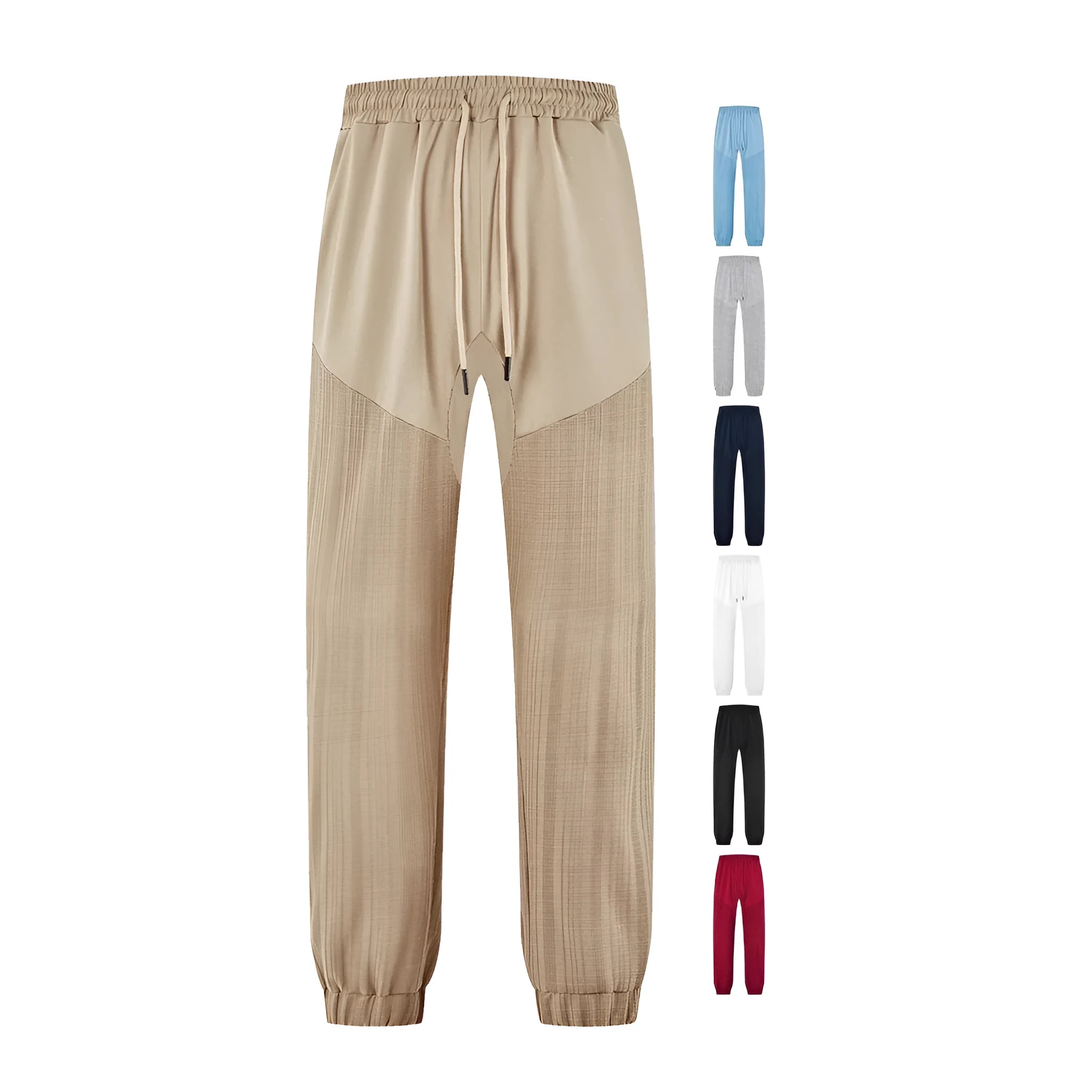 Men's Loose Thin Linen-Style Sporty Drawstring Patchwork Sweatpants with Stripes, Available in Navy Blue, Black, Khaki, White, Light Blue, Wine Red, Heather Gray, for Casual Summer Wear Mid-Rise Elasticated Waist with Belt