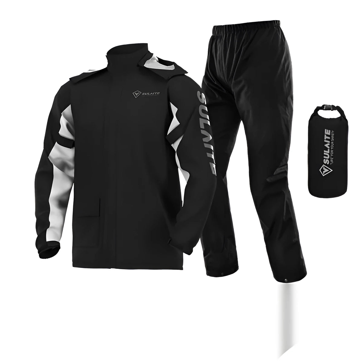 Adult motorcycle waterproof rain suit set showing split-style raincoat and trousers with shoe covers