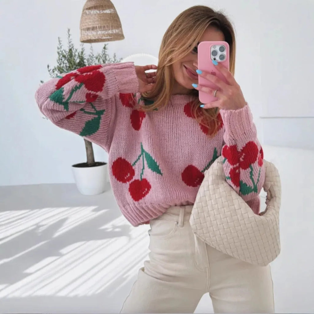 Pink cherry jacquard loose fit long sleeve knitwear, polyester, sizes S to XL