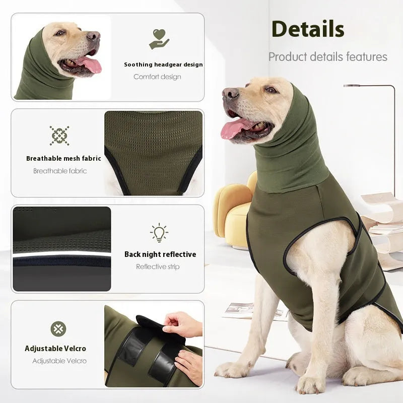 Dog wearing army green anti-anxiety jacket for stress relief during thunderstorms