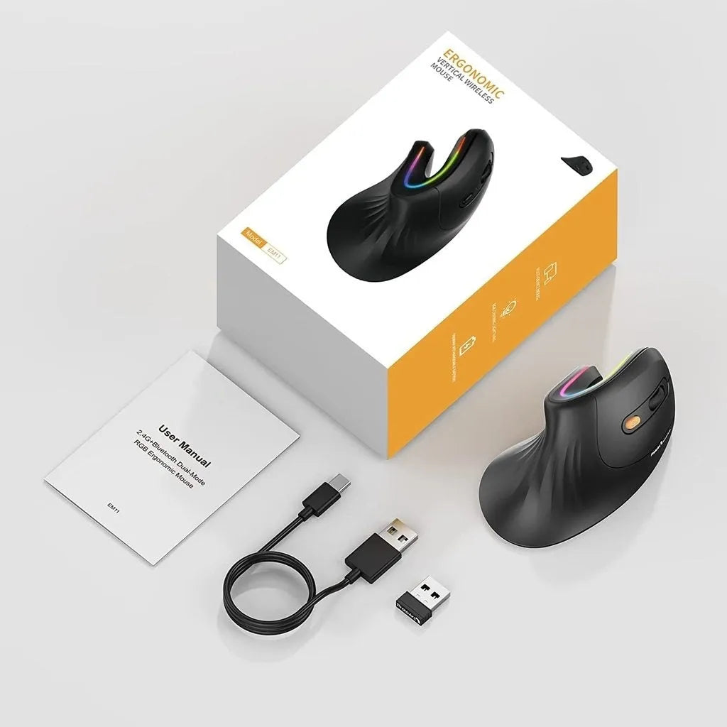 seenDa vertical Bluetooth 2.4G rechargeable wireless mouse in black with RGB lighting and charging cable