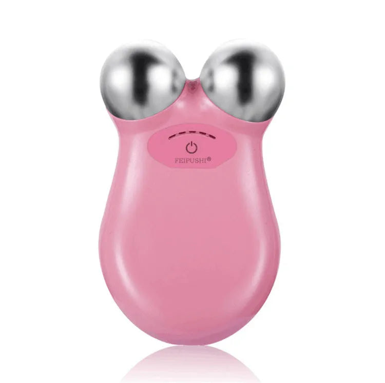 HS-858 micro current facial lifting device in pink or white colour, measuring 106mm x 65mm x 38mm