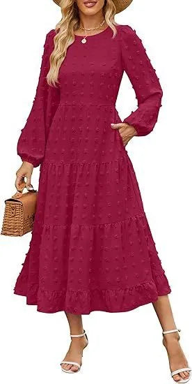 Beige casual long sleeve dress with ruffled sleeves and a high waist on a hanger