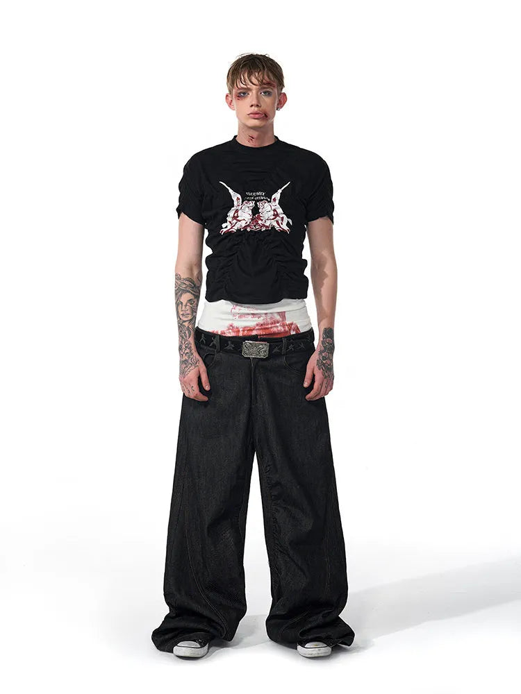 Men's black printed slim fit short sleeve t-shirt with round neck collar
