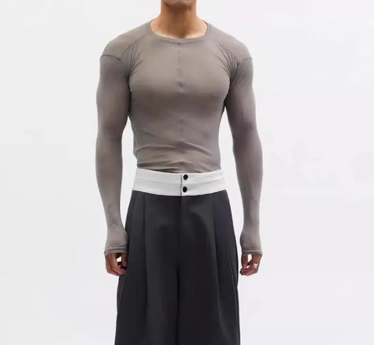 Black slim-fit mesh see-through long sleeve PU pullover on a hanger