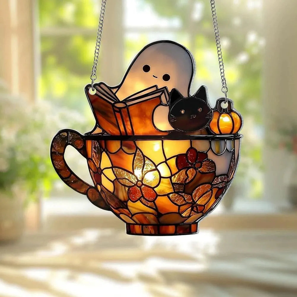 Acrylic ghost reading book suncatcher pendant in American style, available in three ghost designs
