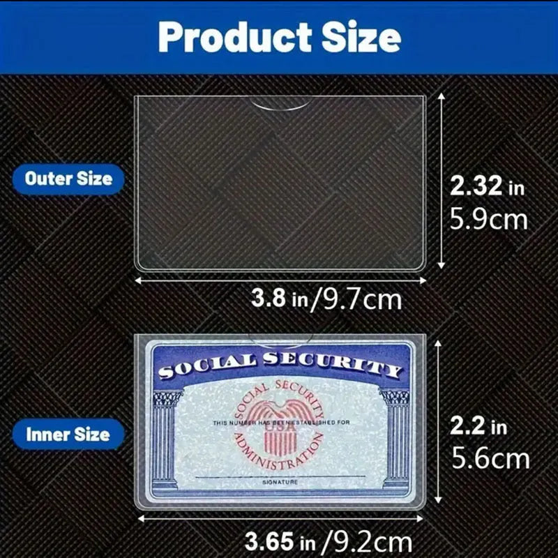 Clear PVC social security card holder measuring 9.7 by 5.9 centimetres.