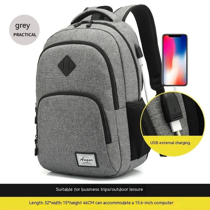 Grey and black USB charging backpack with trolley sleeve, shown with dimensions 32cm by 15cm by 46cm.