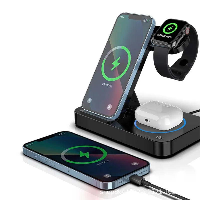 Folding three-in-one wireless charging stand in black, with phone, watch and earbud charging areas and 120cm Type-C cable