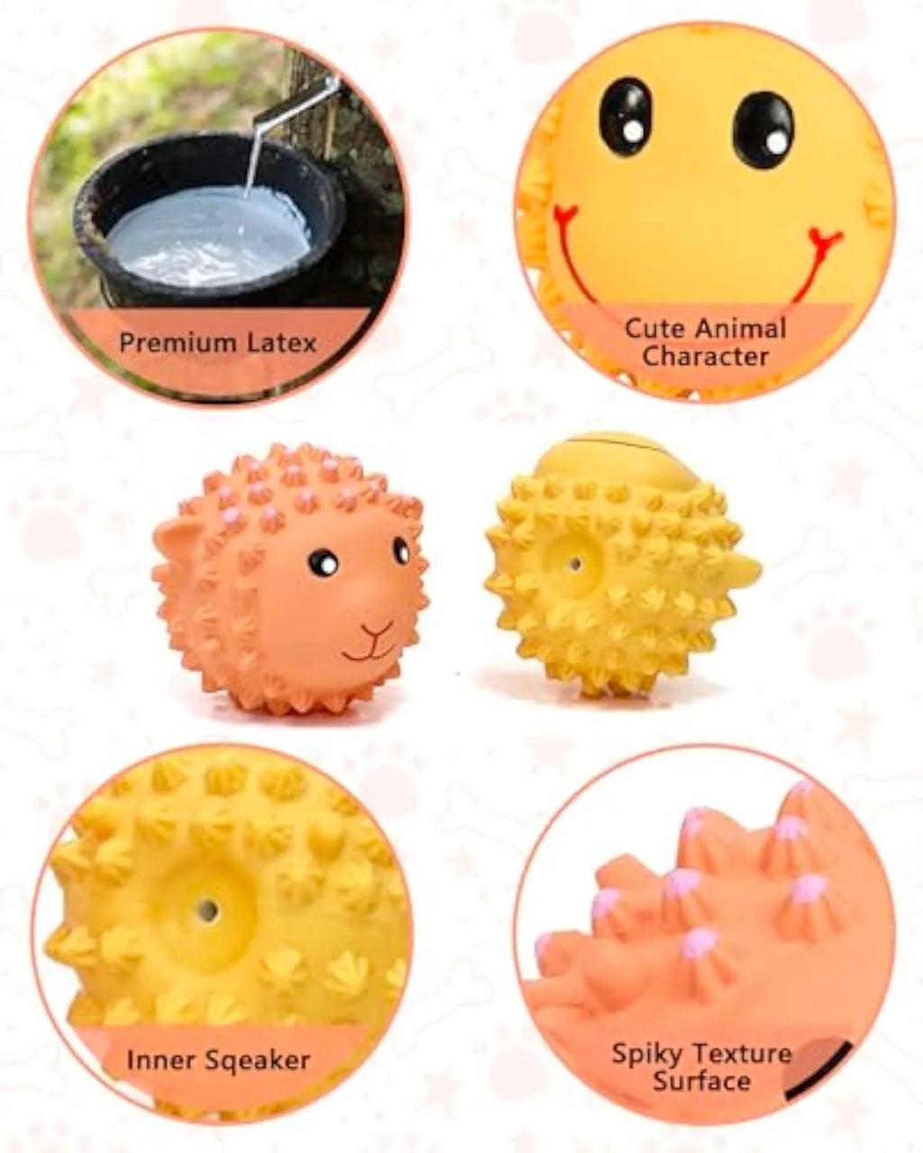 Orange and yellow spiky latex dog toys with animal designs, approximately 3 inches diameter