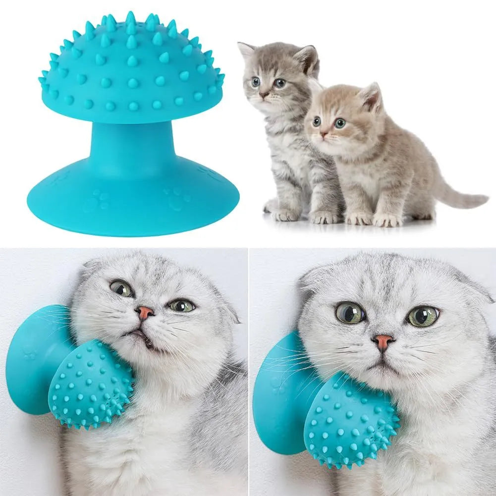 Wall-mounted cat self groomer in blue with brush head and catnip compartment for loose fur removal