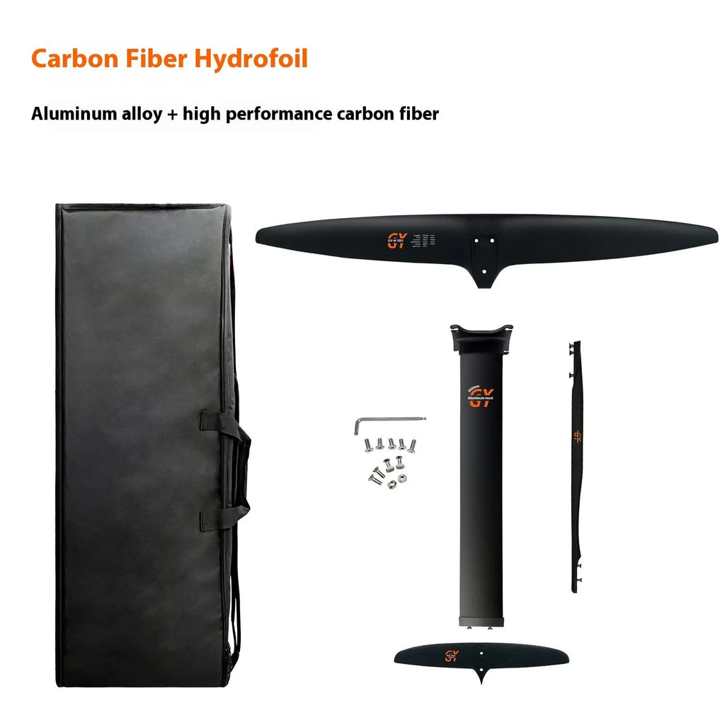 Black carbon fibre hydrofoil for racing surfing with aluminium mast and 1051mm front wing