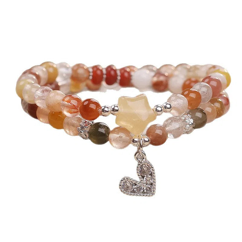 Natural stone women's bracelet with red crystal and double ring design