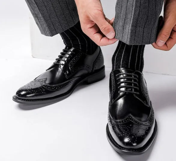Men's genuine leather business casual dress shoes in black with two-layer cowhide upper and rubber sole