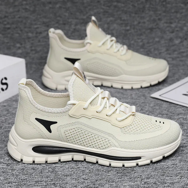 Men's fly knit mesh sneakers with front lace-up, flat rubber sole, round toe, and sequin detail, in beige