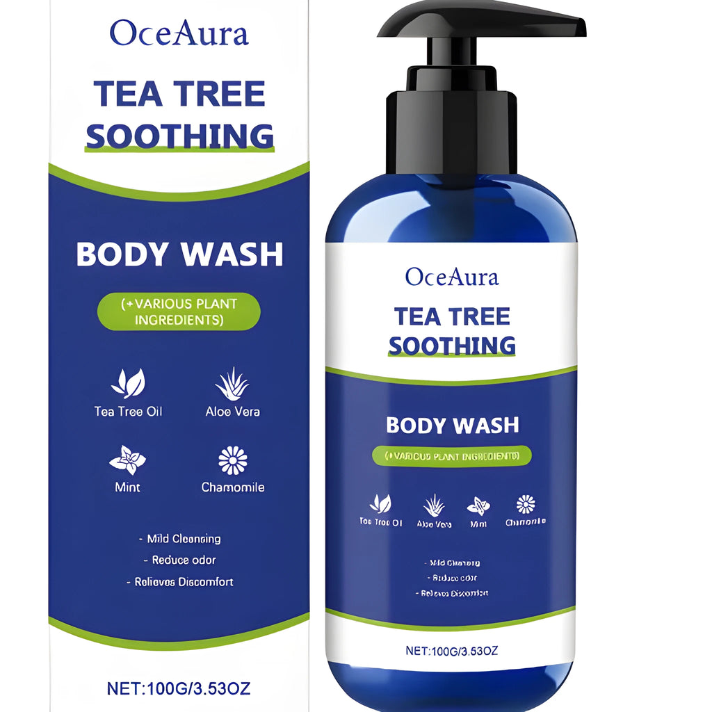 100g tea tree shower gel bottle with aloe vera, mint and chamomile extracts, clear gel formula