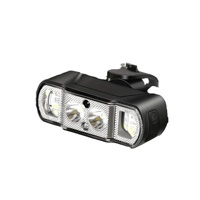 Black rechargeable bicycle headlight with LED illumination and wave induction function