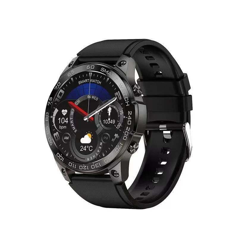 Black Bluetooth smartwatch with round AMOLED screen displaying time, on a silicone strap.