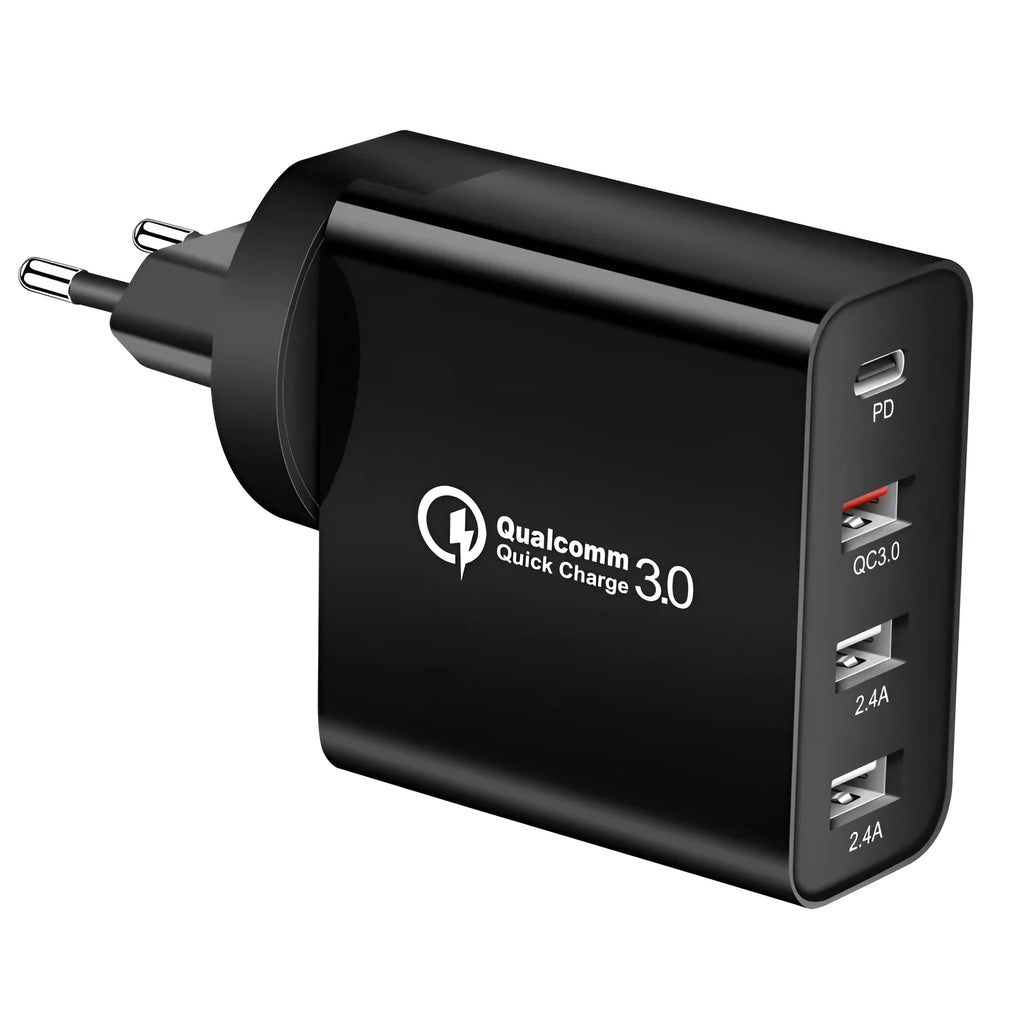 White 4-port USB fast wall charger with UK plug showing PD, QC and USB ports