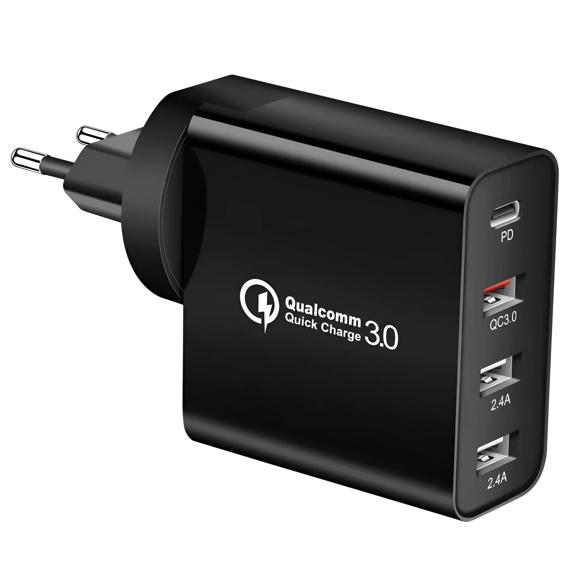 White 4-port USB fast wall charger with UK plug showing PD, QC and USB ports
