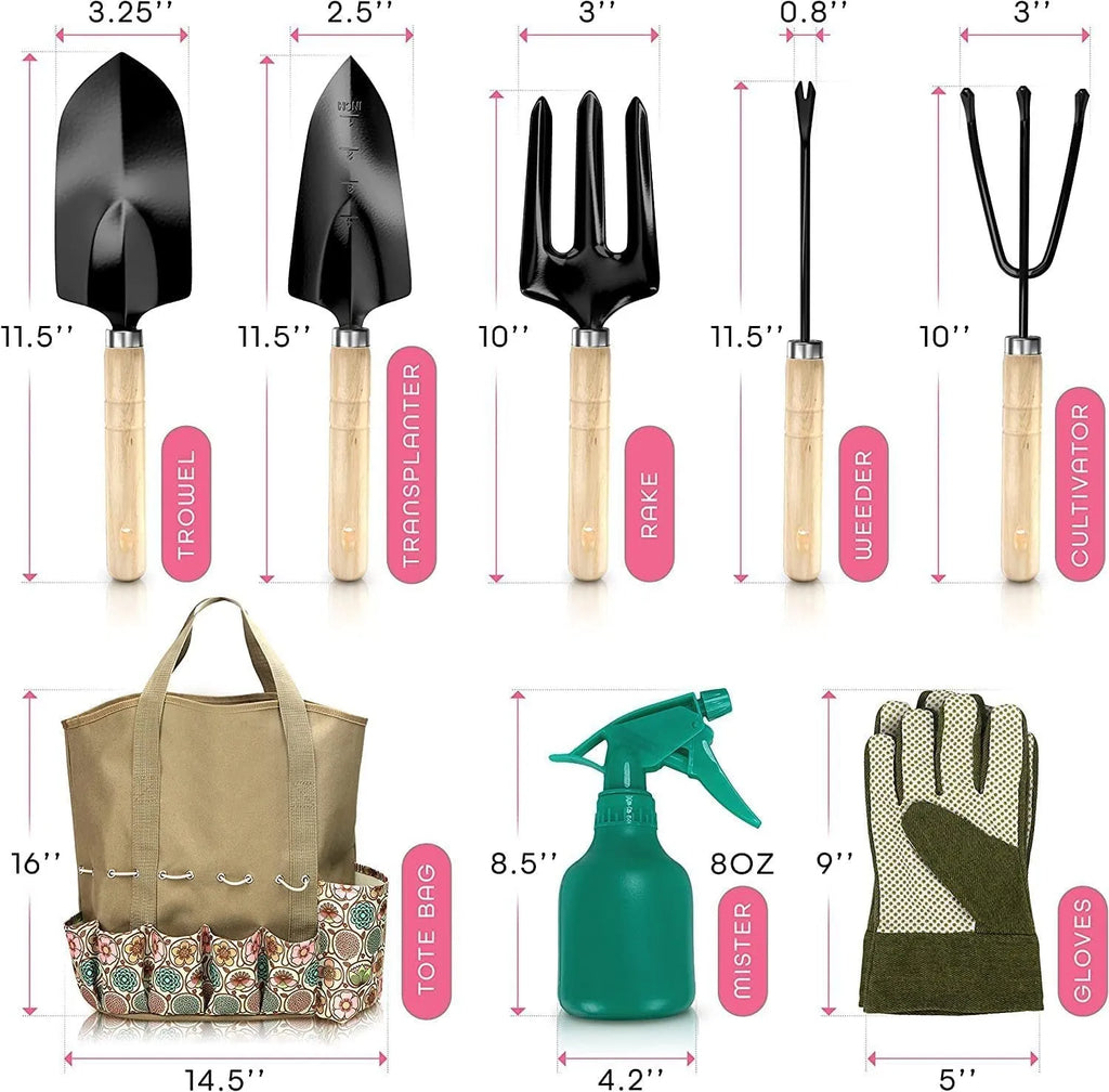 Eight-piece stainless steel gardening tool set with spade, fork, trowel, hand rake, and weeder